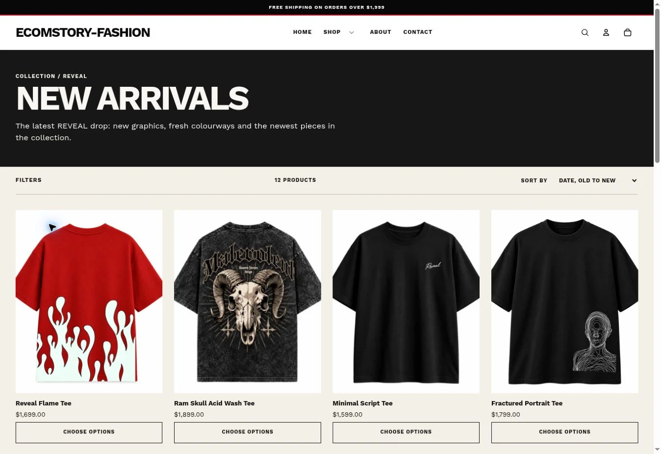 REVEAL storefront collection page showing collection details, filters and product cards