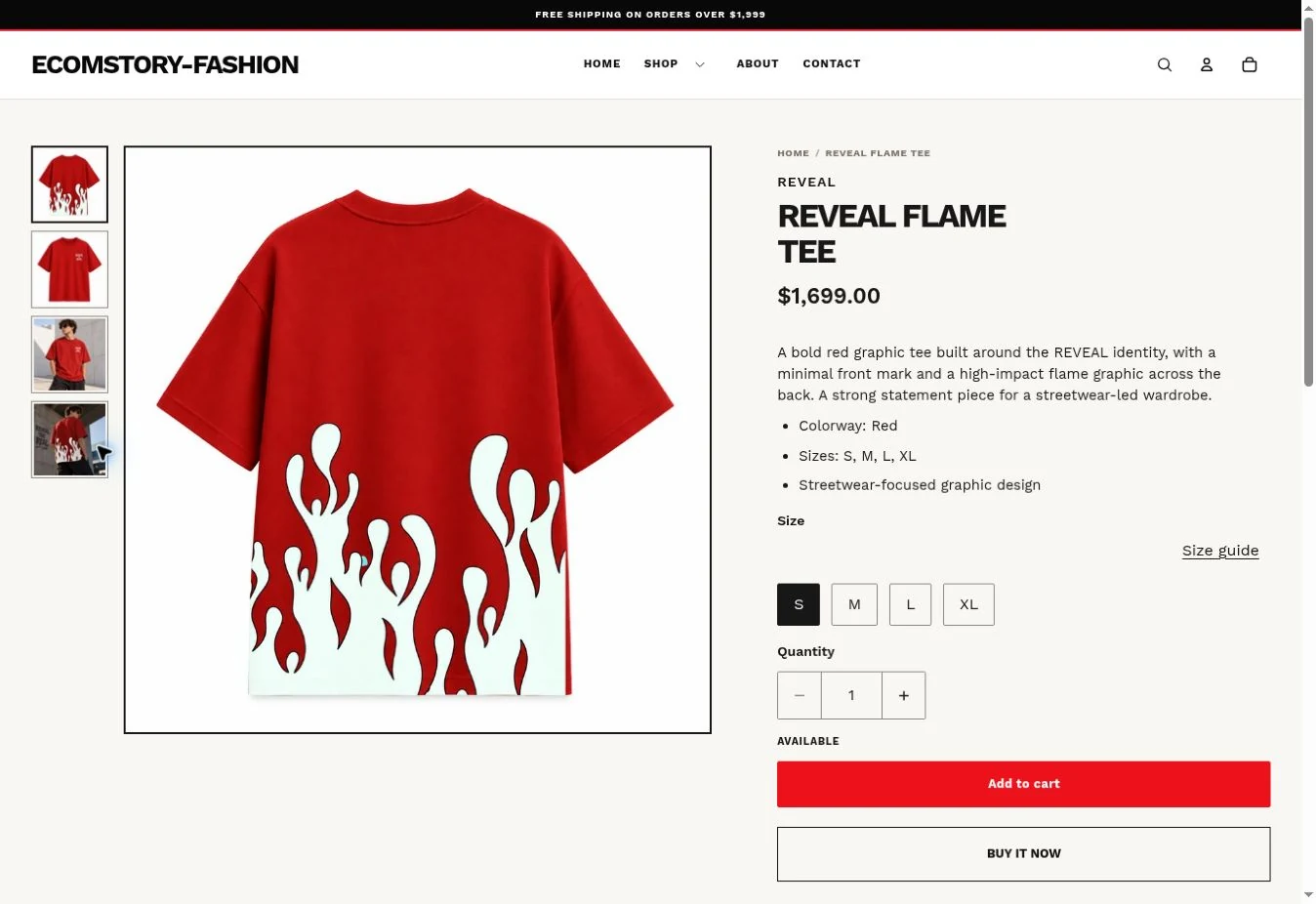 REVEAL storefront product page showing product media, size options and purchase actions