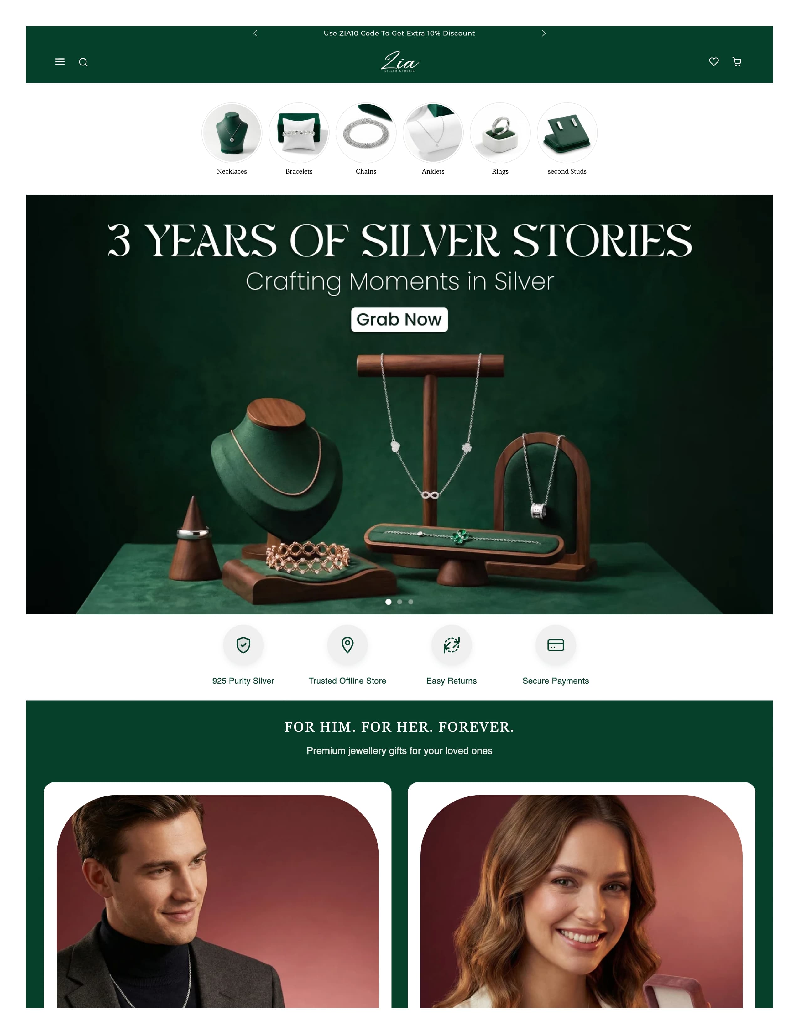 Zia Silver Stories Shopify storefront screenshot