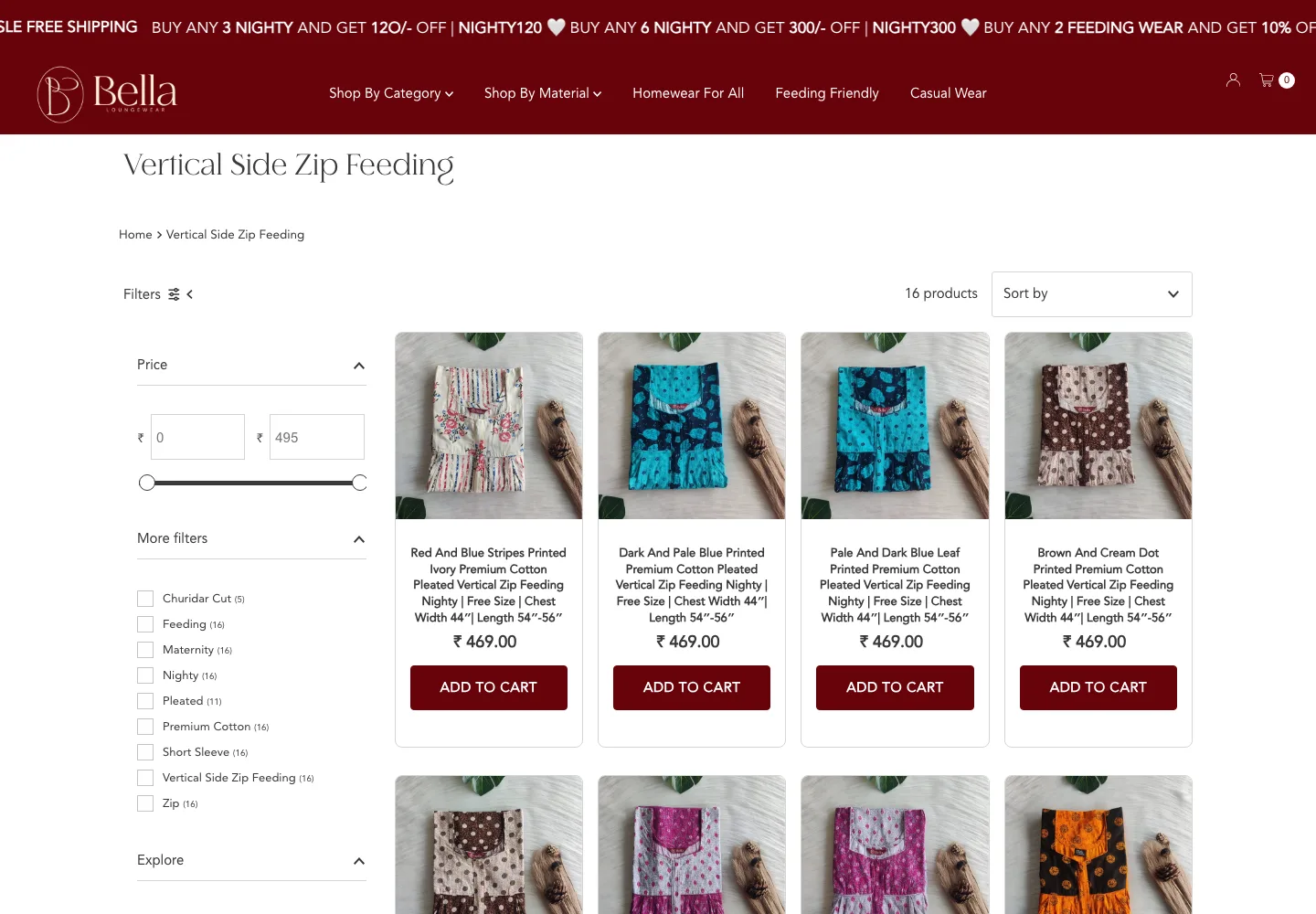Bella Loungewear feeding-friendly nighty collection page with price and tag filters