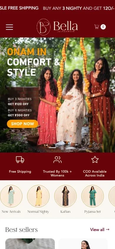 Bella Loungewear homepage on mobile viewport