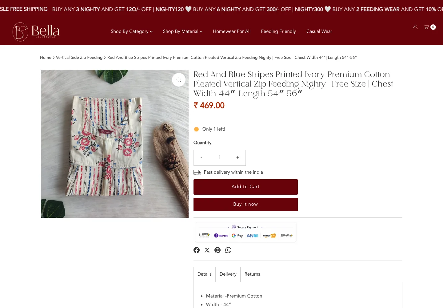 Bella Loungewear product page for a pleated feeding nighty showing price, stock, and delivery messaging