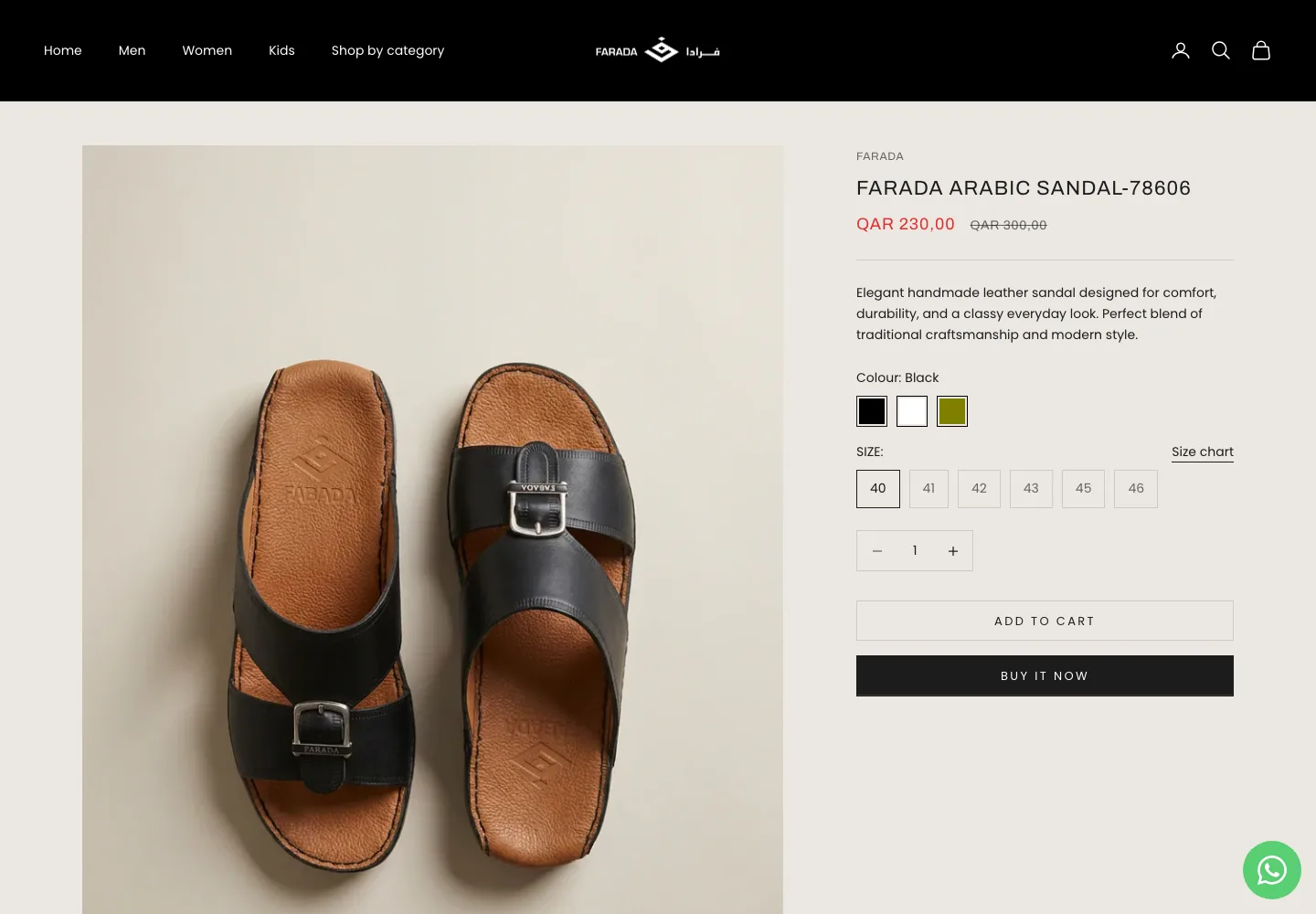 Farada Arabic Sandal product page with color and size selectors