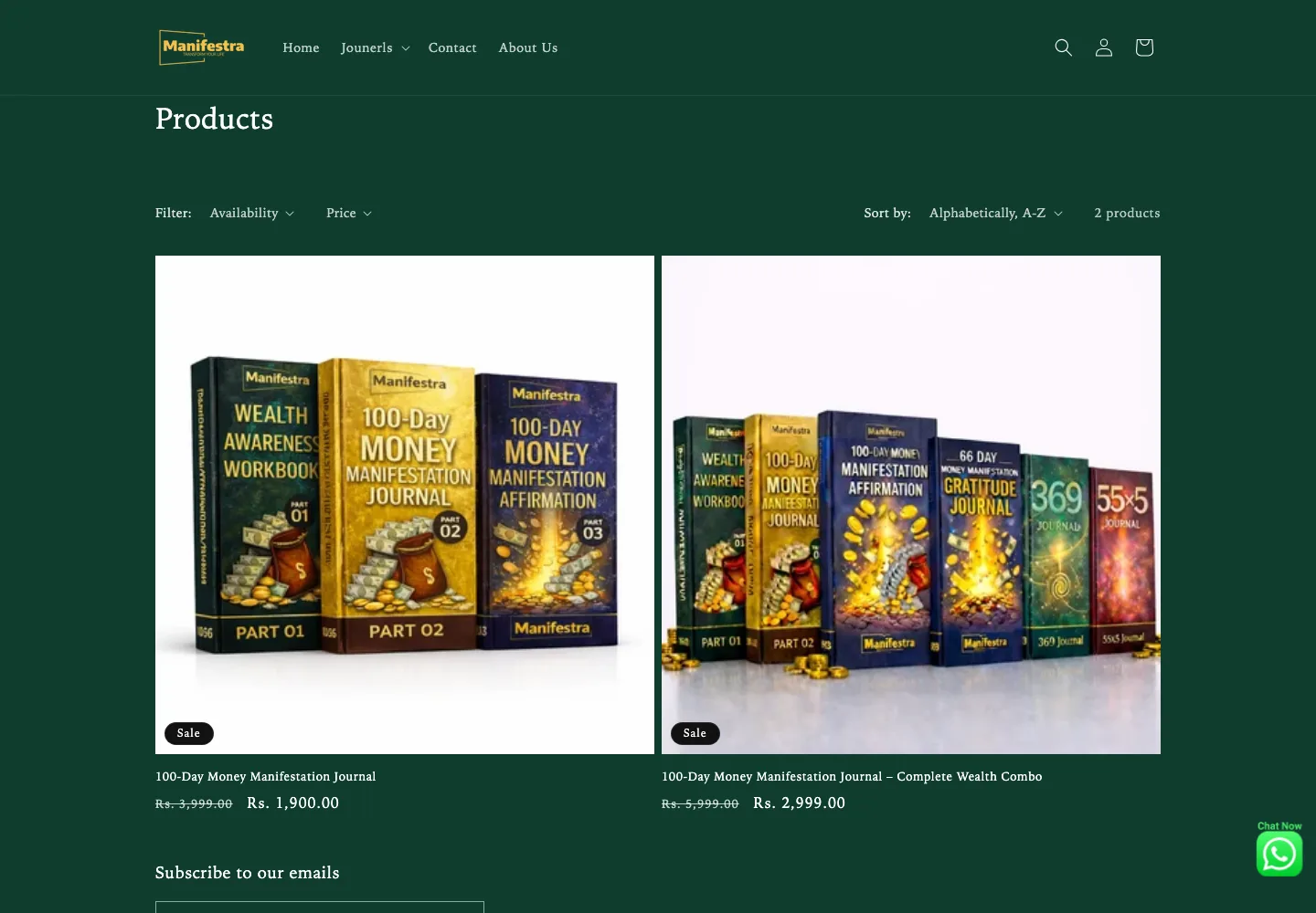 Manifestra journals collection page listing the two core journal products