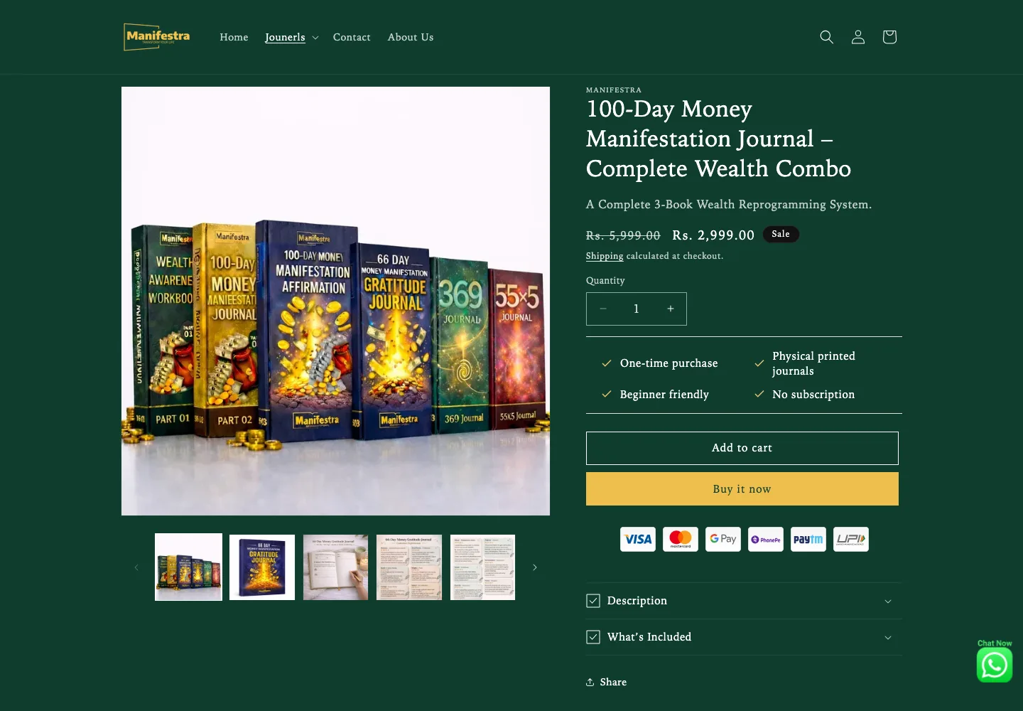 Manifestra product page for the 100-Day Money Manifestation Journal Complete Wealth Combo showing the 6-journal set and pricing