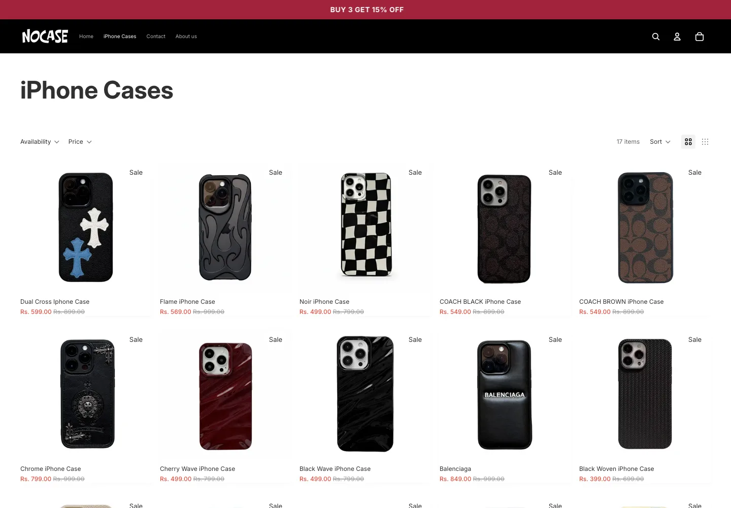 NoCase iPhone Cases collection grid with filter, sort, and sale pricing