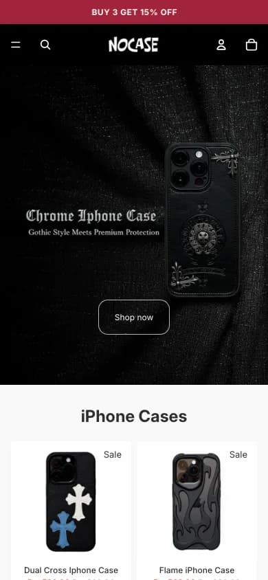 NoCase mobile homepage showing the gothic-style hero banner