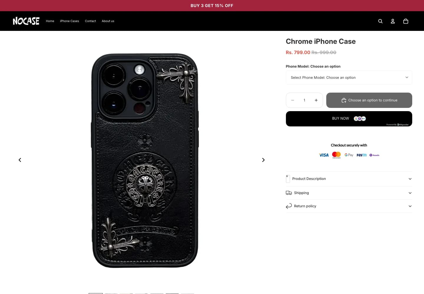 NoCase Chrome iPhone Case product page with image gallery and phone model selector
