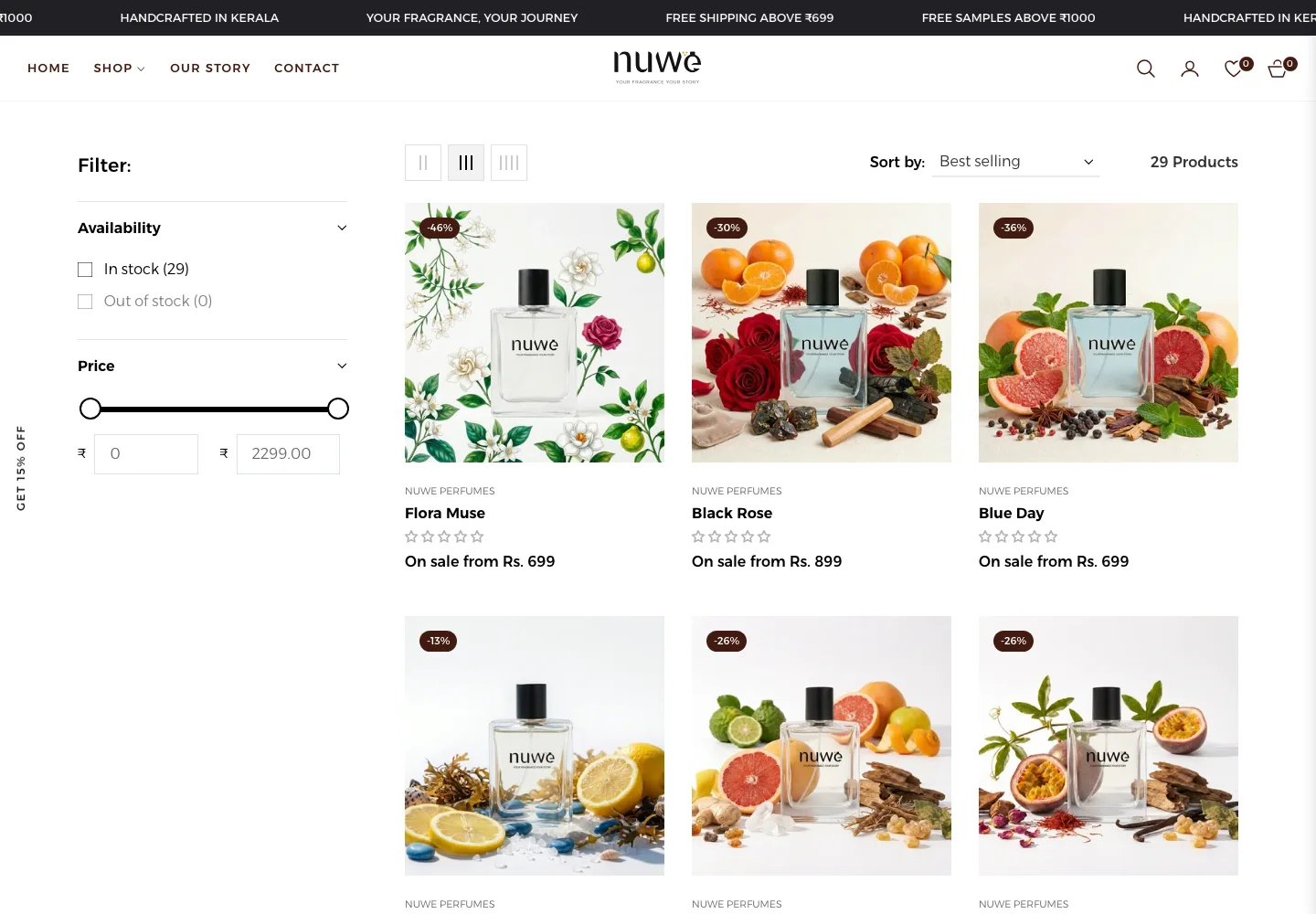 Best-sellers collection grid with price, discount badge, and filter sidebar