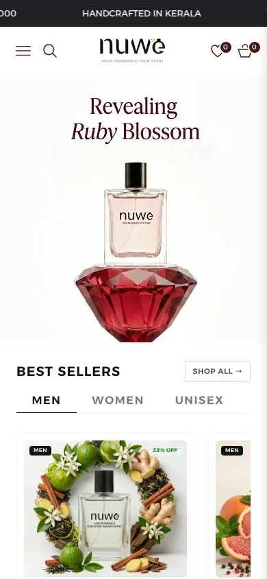 Nuwe Perfumes homepage on mobile viewport