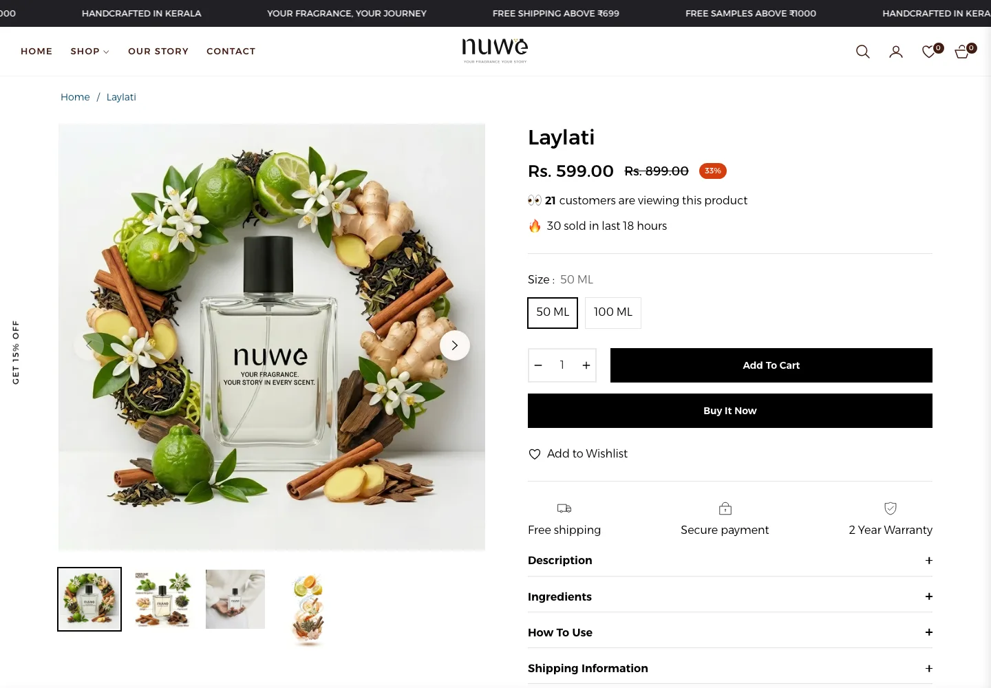Laylati product page showing 50ML/100ML size selector and social-proof badges