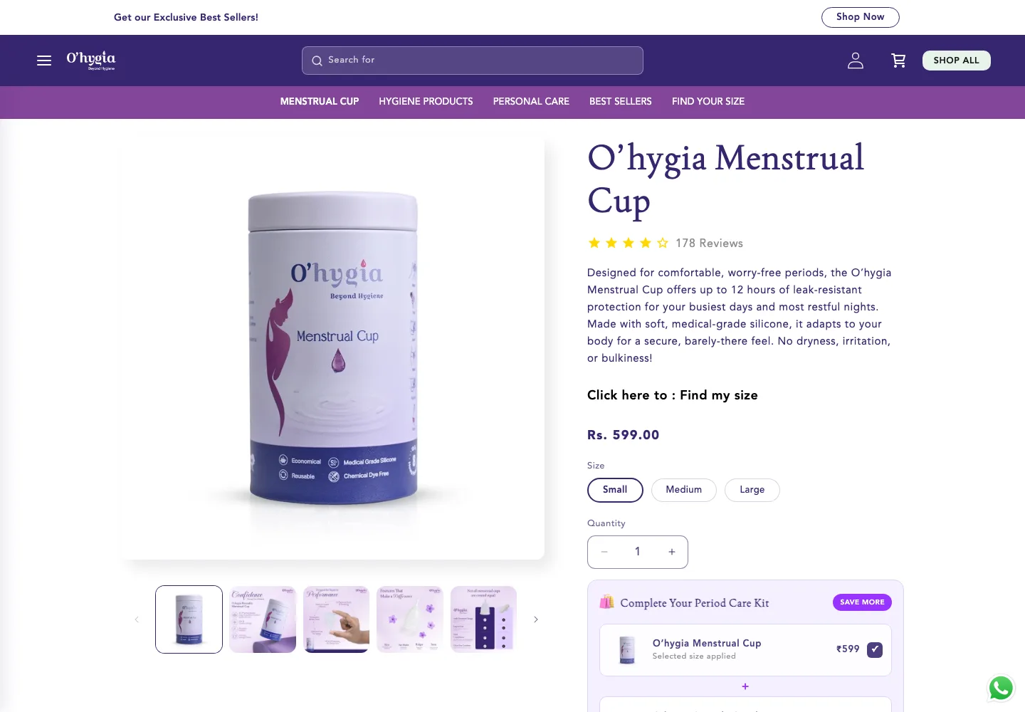 O'hygia menstrual cup product page with Small/Medium/Large size selector and bundle upsell