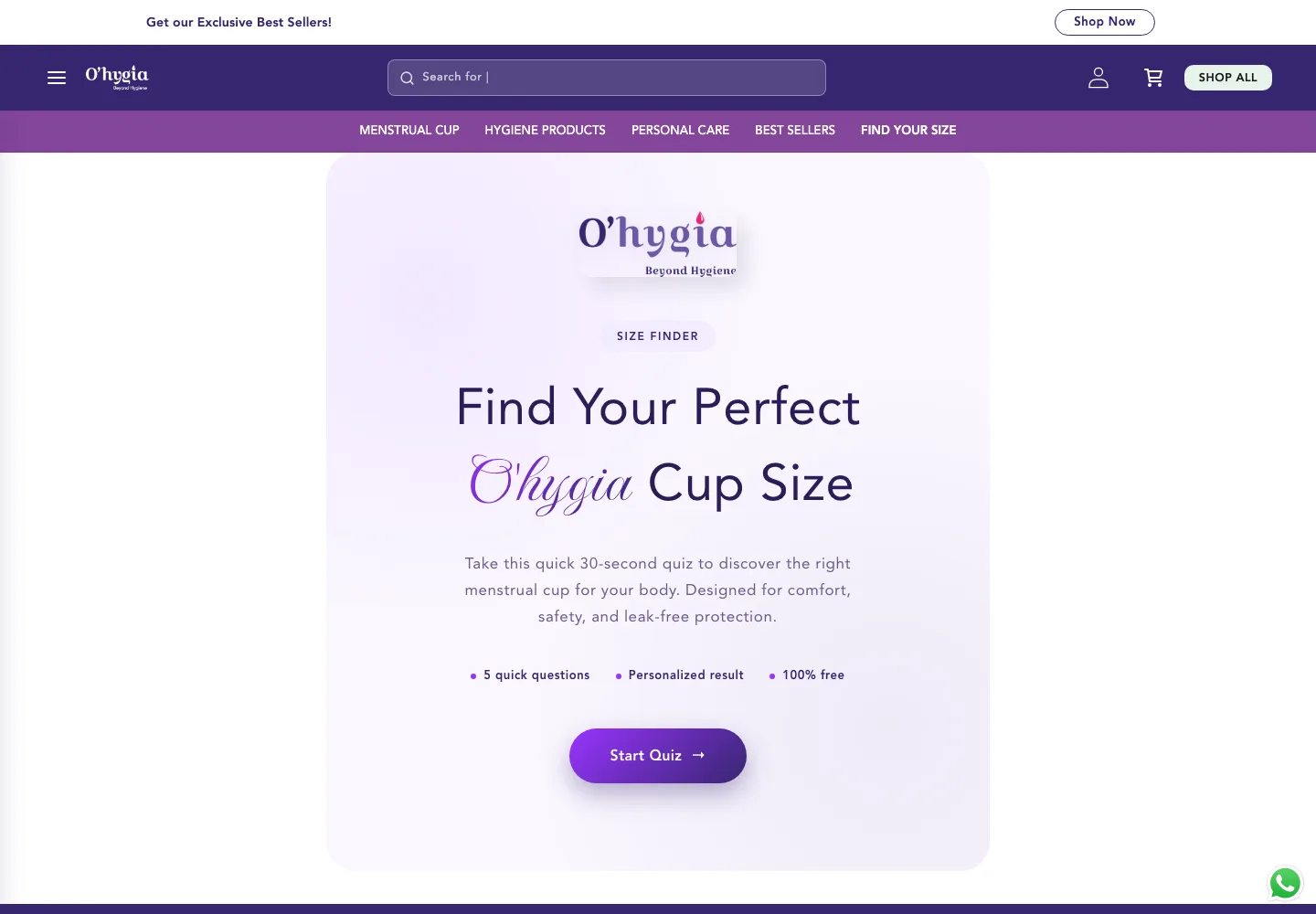 O'hygia size-finder quiz for recommending a cup size