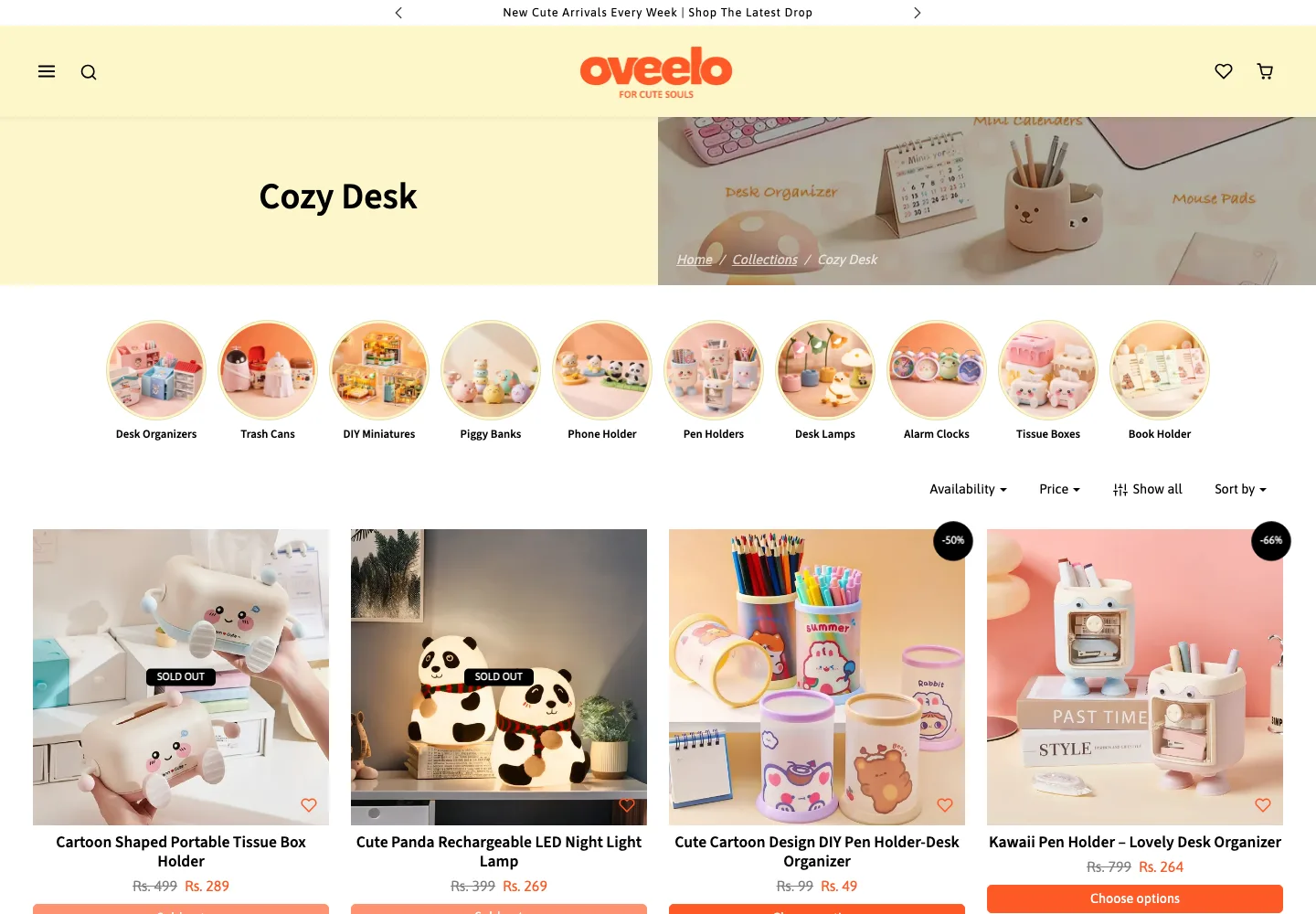 Oveelo Cozy Desk collection page showing desk accessories with sale badges