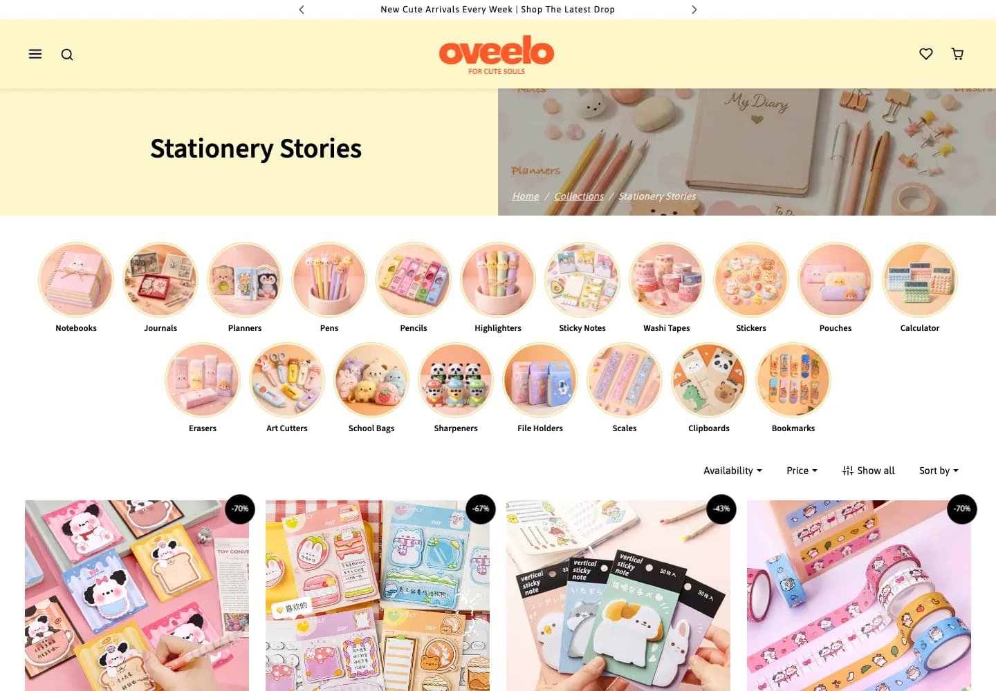 Oveelo Stationery Stories collection page with sub-category navigation and product grid
