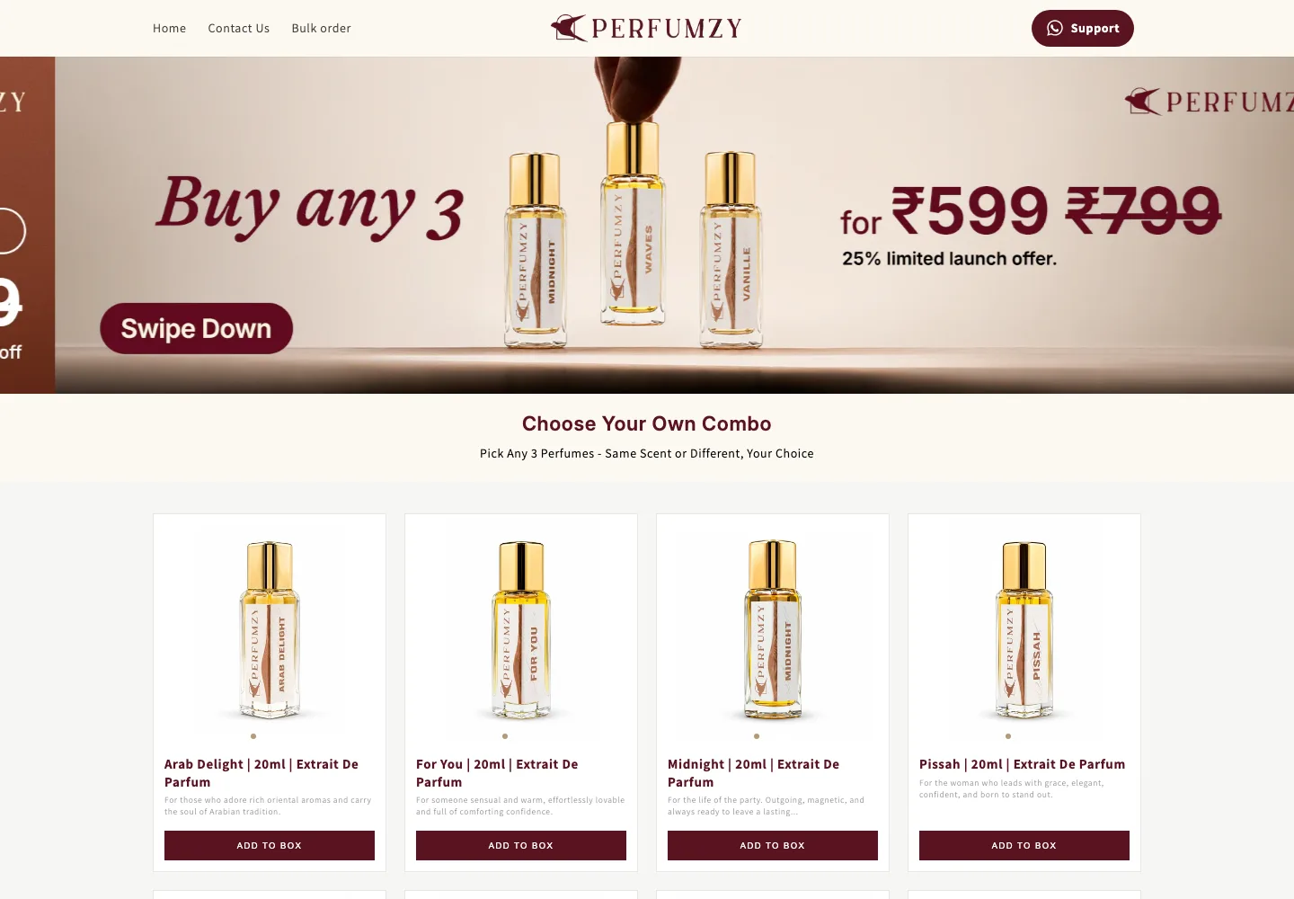 Perfumzy Build Your Own Box Shopify experience showing the combo picker