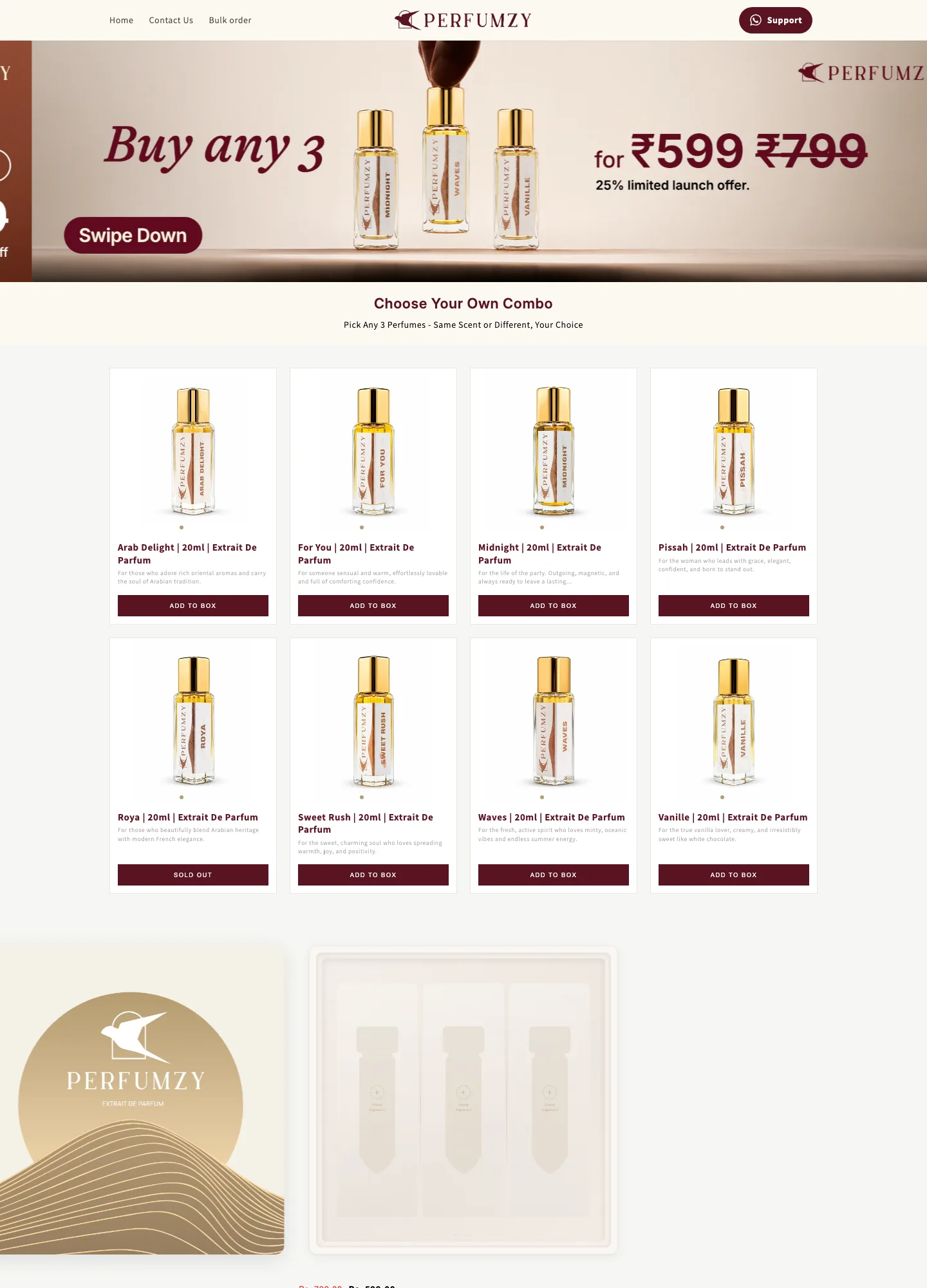 Full grid of 8 selectable perfumes with Add to Box buttons on the BYOB page