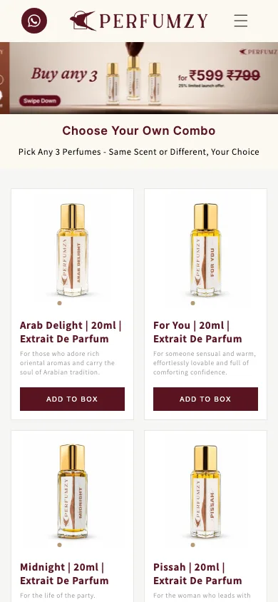 Perfumzy Build Your Own Box page on mobile viewport
