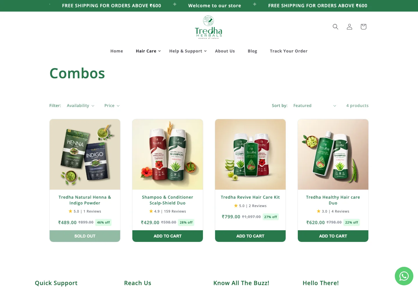 Tredha Herbals combos collection grid showing bundled haircare kits