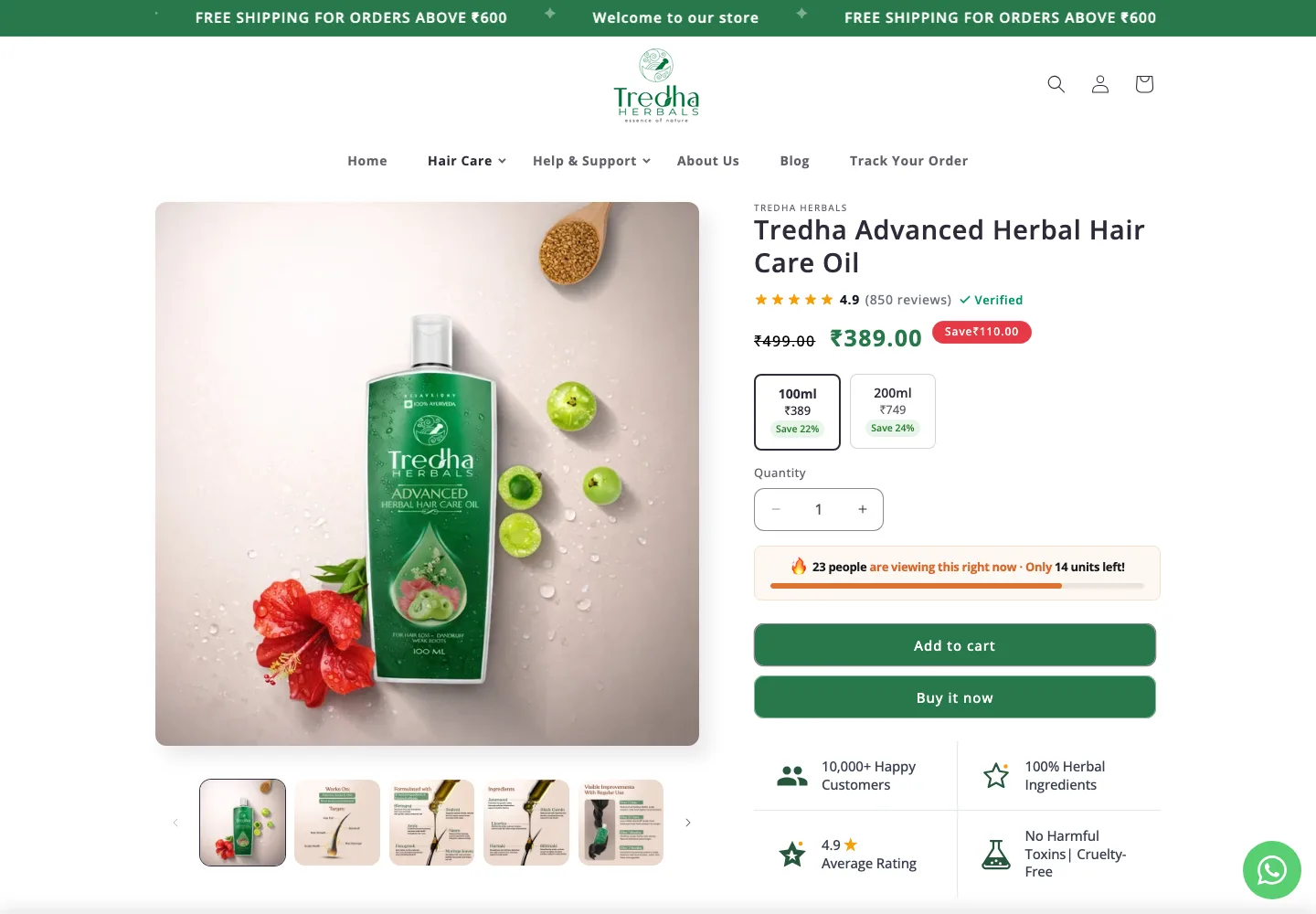 Tredha Advanced Herbal Hair Care Oil product page with size variants and reviews