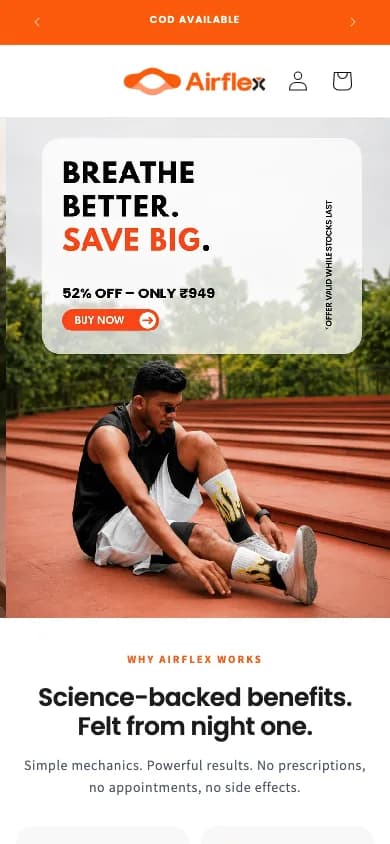 Airflex homepage offer banner on mobile viewport