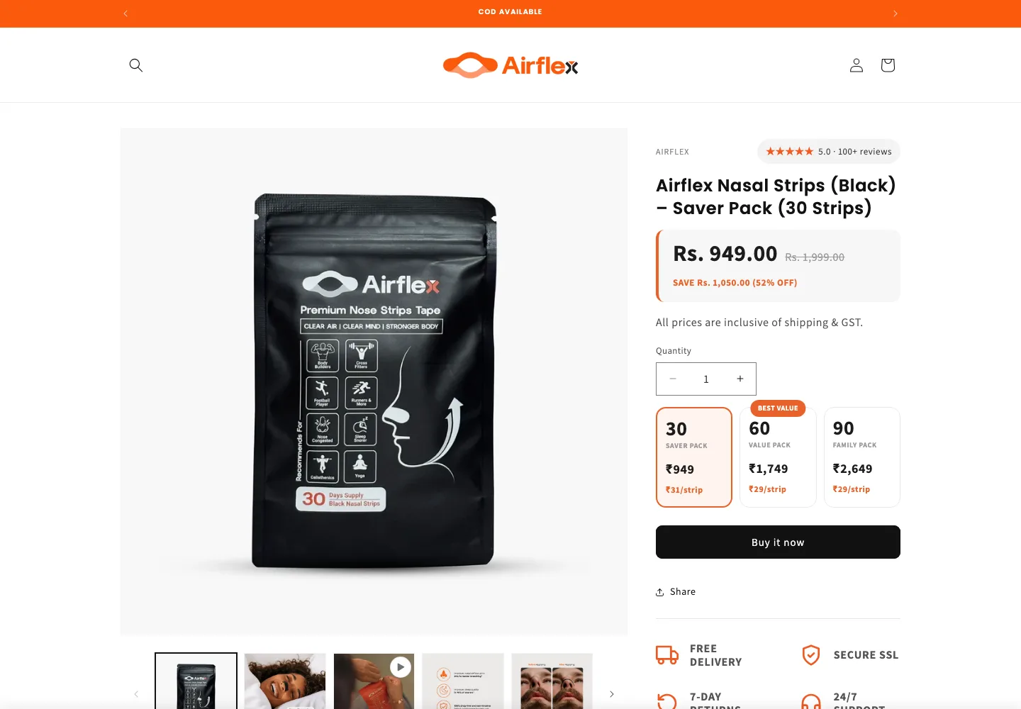 Airflex nasal strips product page with tiered pricing for 30/60/90 packs