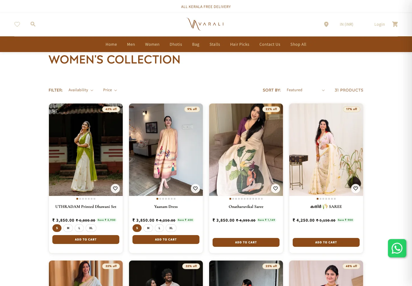 Varali Women's Collection page showing sarees and sets with filters and sort