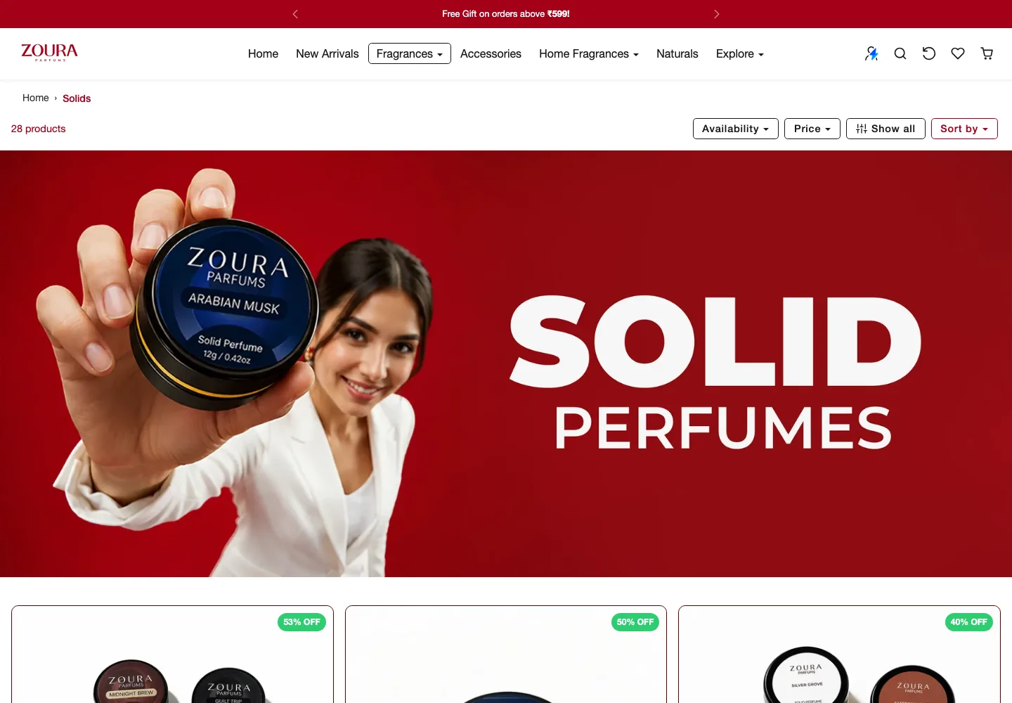 Zoura solid perfumes collection page with 28 products, filters, and sort options
