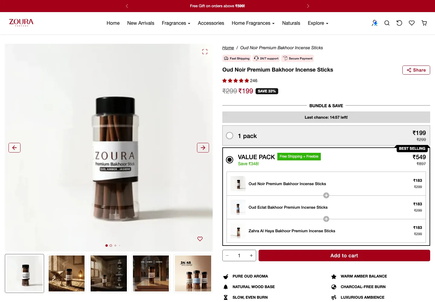 Zoura bakhoor product page with a bundle-and-save value pack option